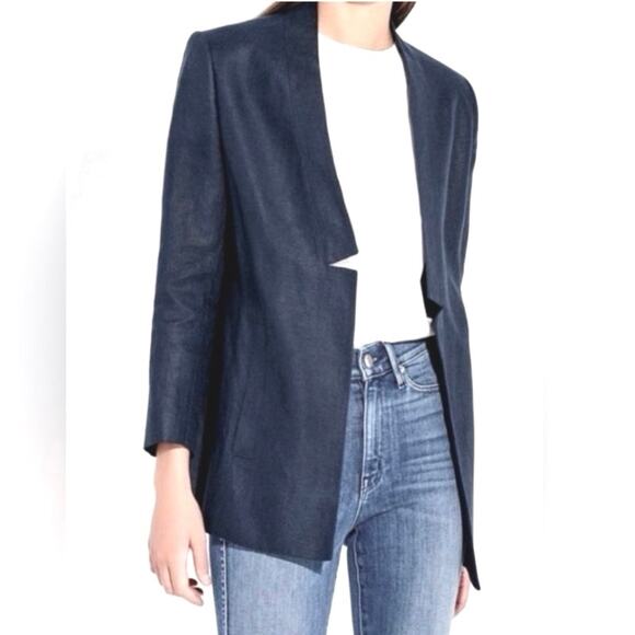 AYR The Coup Navy 100% Linen Notched Open Front Blazer Jacket - 0 - Picture 1 of 10